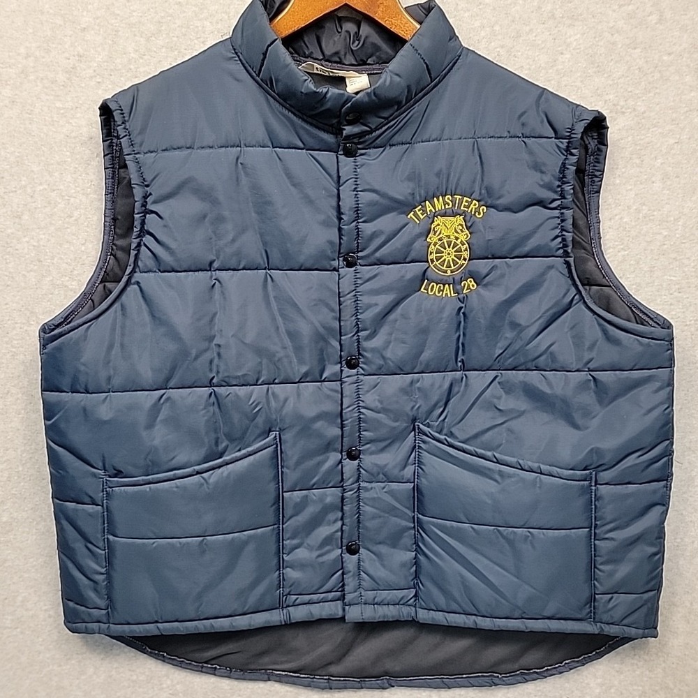 Vintage TURFER‎ Men's Sz XXL Teamsters Local 28 Snap Blue Puffer Vest Pockets